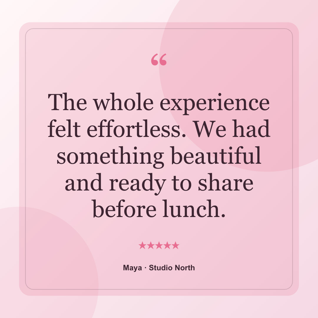 Warm square customer testimonial graphic with name and company